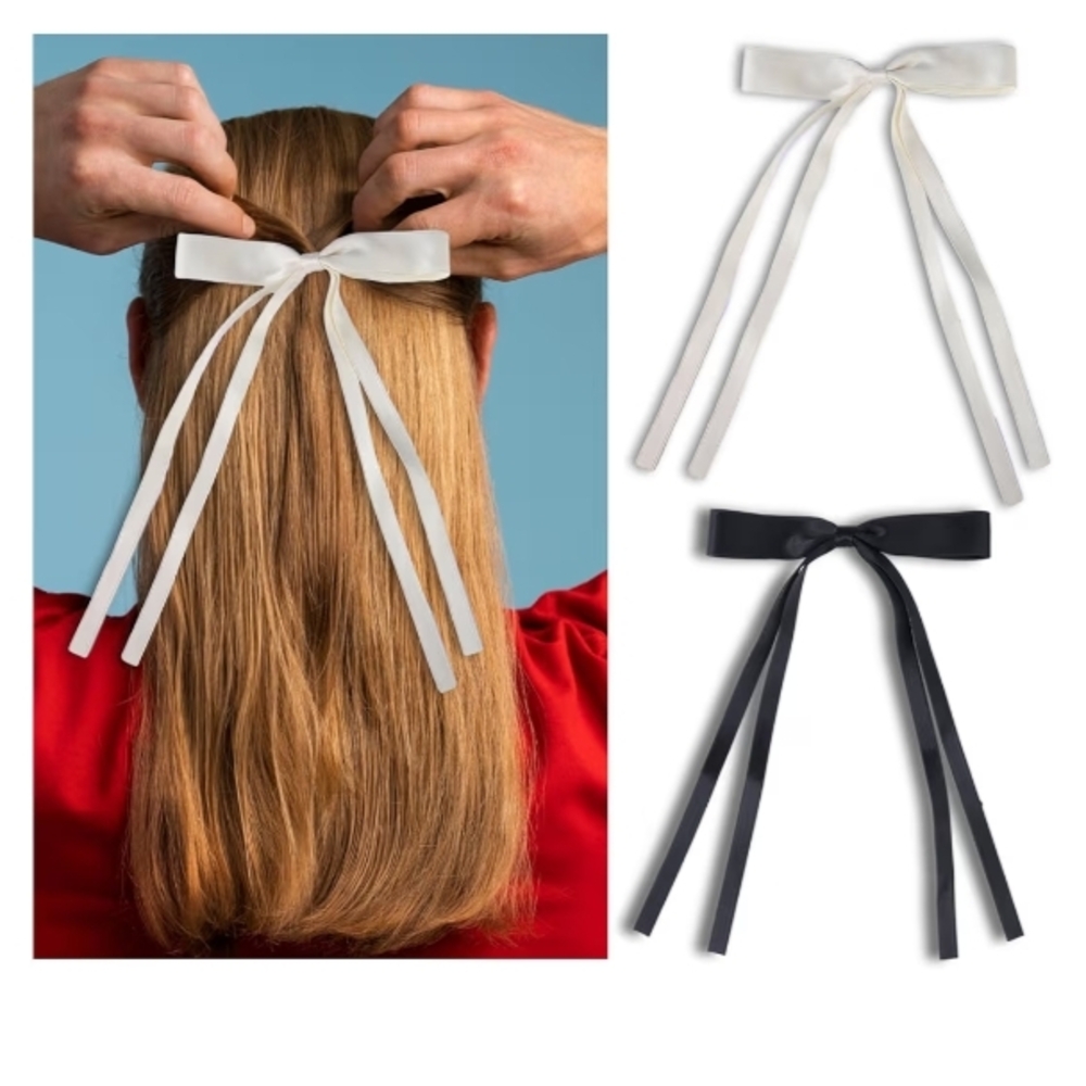 New 2 Pcs Chic Black And Cream Color Hair Bow Clip With Long Tail
